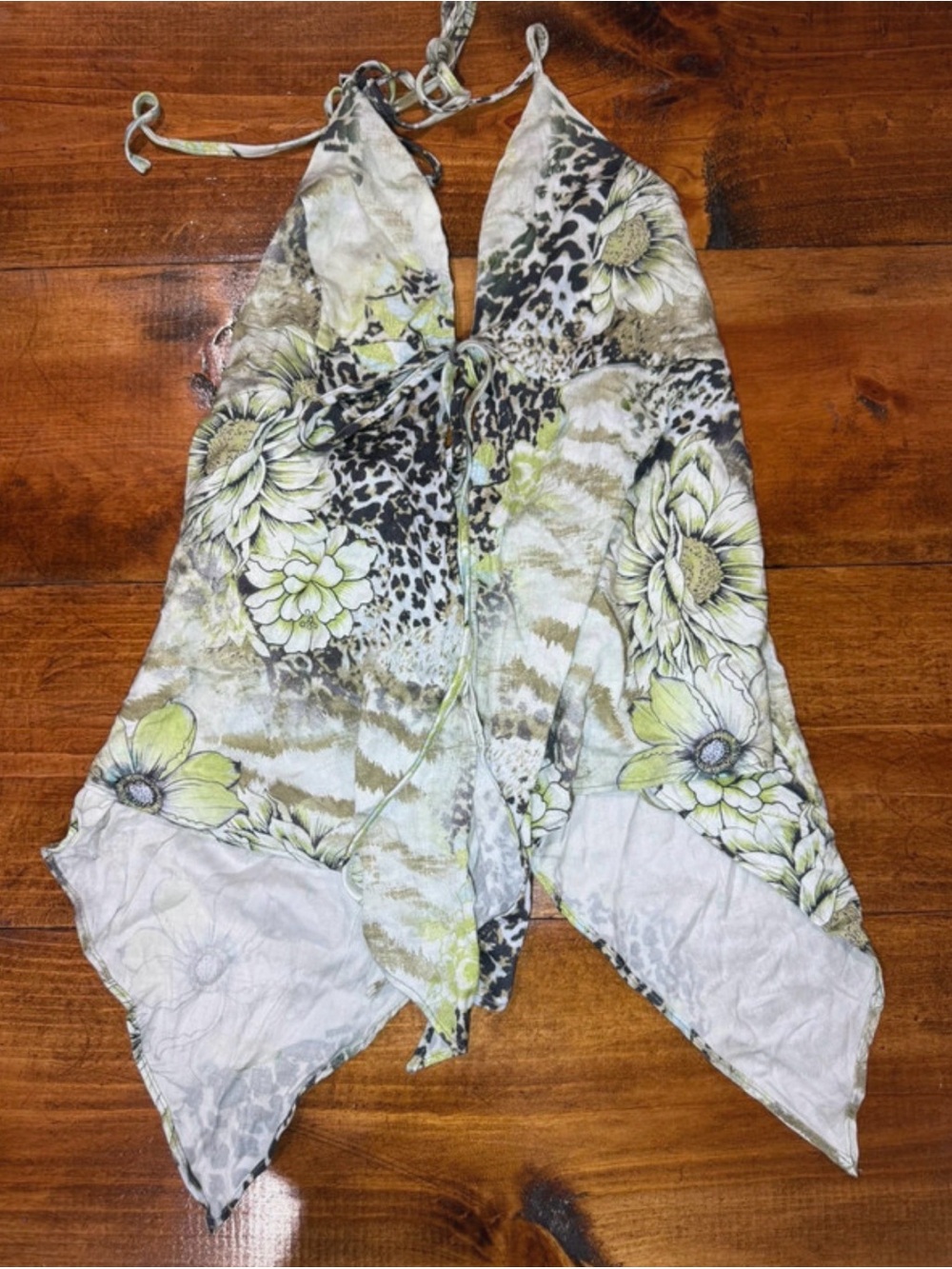 Floral Halter Accent Top in Light Green and Cream